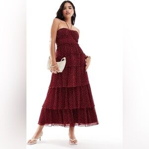 ASOS Burgundy Strapless Dress with Polka Dots
